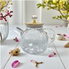 Isıya Dayanıklı Borosilikat Cam Demlik, Bambu ve Metal Kapaklı, Süzgeçli, 1000 ml