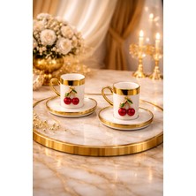 2 Kişilik Gold Kaplama Kiraz Desenli Kahve Fincan Takımı, 4 Parça, 100ML