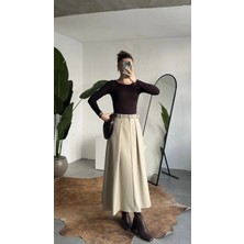 Asfa Moda Kadın Krem Maxi Boy Kemerli Uzun Etek Kadın Yüksek Bel Pileli