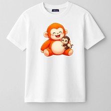 Mixxi Fashion Punch ve Peluş Oyuncağı Maymun Monkey Baskılı Kısa Kollu Unisex  Çocuk Tişört (4-13 Yaş)