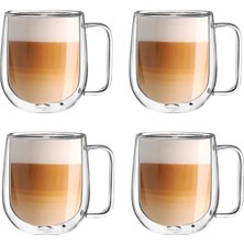 Şeffaf Çift Cidarlı Kulplu Kahve ve Çay Bardak Seti, 4'lü
