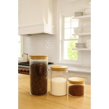 3'lü Bambu Kapaklı Vakumlu Cam Kavanoz Seti, 1300-800-500ML, Saklama Şıklığı