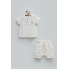 Caramell Free Boy Yarım Pat Düğmeli Müslin Alt Üst Takım - Ekru - 80-86 cm Ekru