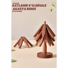 Pratik Katlanır Ahşap Nihale Seti, Ceviz Renk, 4'lü Standlı Bardak Altlığı