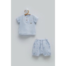 Caramell Free Boy Yarım Pat Düğmeli Müslin Alt Üst Takım - Mavi - 68-74 cm Mavi