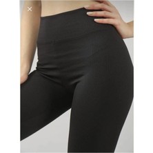 Moda Ugs Siyah Fitilli Çizgili Tayt Yüksek Bel Dayanıklı Örme Kumaş Spor Tayt Toparlayıcı