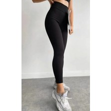 Tusebu Kadın Yüksek Bel Toparlayıcı Likralı Siyah Spor Tayt