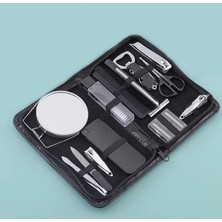 Ecosell Erkek Için 13'lü Seyahat Boy Deri Çantalı Bakım Set Tırnak Makas-Cımbız-Ayna-Törpü-Jilet-Makas