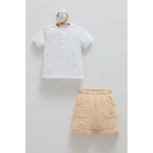 Caramell Yarım Pat Düğmeli Tshırt Alt Üst Takım - Bej - 68-74 cm Bej