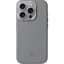 Ecosell 16 Pro Için Magsafe ile Uyumlu Çizilmeyen ve Parmak Izi Tutmayan Deri Görünümlü Metal Tuşlu ve Metal Lens Çerçeveli Hybrid Silikon Kılıf (Gri, 16 Pro)