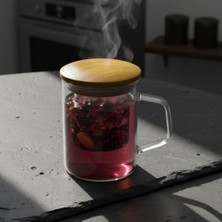 Ecosell Bambu Kapaklı Cam Süzgeçli Kupa 350 ml | Bitki Çayı, Demleme Çay ve Kahve Kupası | Borosilikat Dayanıklı Cam | Düz Model