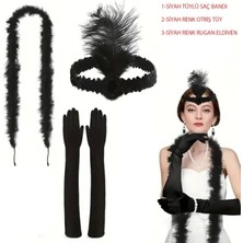 MiraLive 1920’LER Tarzı Siyah Tüylü Saç Bandı, Rugan Siyah Eldiven ve Siyah Otri̇ş Seti