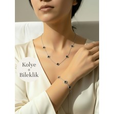 Atalya Accessory Mini Yonca Modeli Gold Renk Beyaz Taşlı Bileklik ve Kolye Ikili Set - Kararmaz, Çift Taraflı