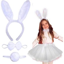 MiraLive Tavşan Tacı Eteği Papyonu ve Kuyruk Kostüm Seti Beyaz Renk Çocuk Boy