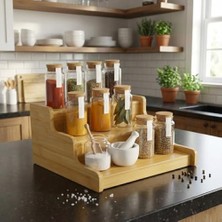 Ecosell 3 Katlı Doğal Bambu Baharat Rafı – Merdiven Tipi Tezgah Üstü Organizer, Mutfak ve Banyo Için Çok Amaçlı Düzenleyici Raf, 24X22X11 cm