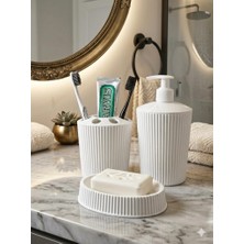 abnturk 3'lü Beyaz Banyo Seti, Porselen Görünümlü Plastik Sıvı / Katı Sabunluk ve Diş Fırçalık