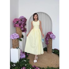 Nils Butik Vanilya Sarısı - Pembe Korse Detaylı Midi Elbise