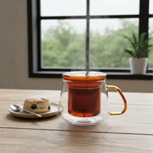 Ecosell Borosilikat Cam Bitki Çayı Demleme Kupası | Cam Süzgeçli ve Cam Kapaklı Fincan | 350 ml | Tek Kişilik Çay Bardağı (Tombul Rengi)