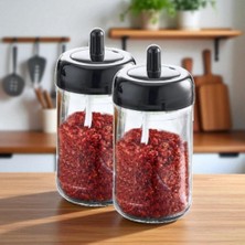 Ecosell 2'li Cam Baharatlık Seti, Kendinden Kaşıklı, Kaşıklı Kapak, 300ML, 2 Adet, 14CM Yükseklik