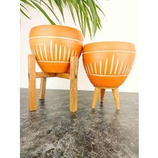 Ecosell Bitki Tasarımı Ev Dekorasyon Dik Çizgi Desenli Terrakota Toprak Saksı Salon Çiçeklik Ikili Set 3 Ayaklı- 4 Ayaklı-15 cm