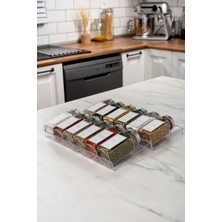 12'li Şeffaf Pleksi Standlı Baharatlık Seti Gümüş Kapaklı ve Etiketli