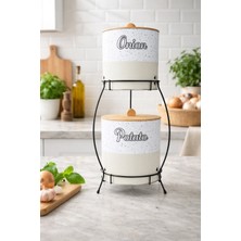 Bambu Kapaklı Metal Patates ve Soğanlık, Krem Taş Desenli, Standlı