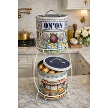 2 Katlı Metal Patates ve Soğan Saklama Kovası, Mimoza Desenli