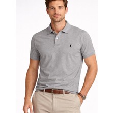 Aura Boutique Moda Erkek Gri Kısa Kollu Polo Yaka Basic Tişört – Nakış Logo Detaylı Pamuklu Slim Fit