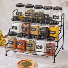 Şık Metal Baharat Takımı, 15 Parça, Siyah, Standlı, Pratik ve Kullanışlı