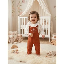 Vavbaby Kahverengi Çiçek Nakışlı Fitilli Kadife Bebek Salopet ve Fırfırlı Bluz Takımı