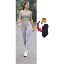 Velora Shopping Şardonlu Yüksek Bel Toparlayıcı Günlük Spor Tayt Dalgıç Kumaş Iç Göstermez Babet Çorap Hediyeli