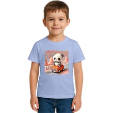 Sedirli Unisex Ayıcık Panda Baskılı Çocuk Tişört Pamuklu Penye Kumaş