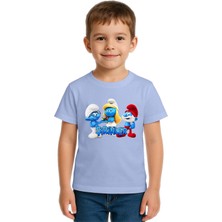 Sedirli Unisex Şirinler Baskılı Çocuk Tişört Pamuklu Penye Kumaş