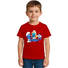 Sedirli Unisex Şirinler Baskılı Çocuk Tişört Pamuklu Penye Kumaş