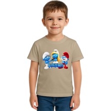 Sedirli Unisex Şirinler Baskılı Çocuk Tişört Pamuklu Penye Kumaş