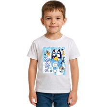 Sedirli Unisex Bluey Baskılı Çocuk Tişört Pamuklu Penye Kumaş