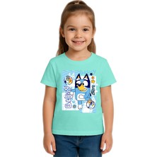 Sedirli Unisex Bluey Baskılı Çocuk Tişört Pamuklu Penye Kumaş