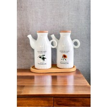 Bambu Standlı Çizgili 2'li Porselen Yağdanlık Seti, 1000 ml