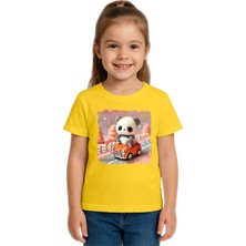 Sedirli Unisex Ayıcık Panda Baskılı Çocuk Tişört Pamuklu Penye Kumaş