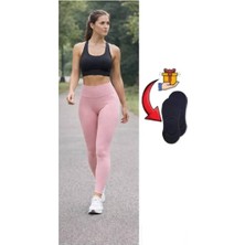 Velora Shopping Şardonlu Yüksek Bel Toparlayıcı Günlük Spor Tayt Dalgıç Kumaş Iç Göstermez Babet Çorap Hediyeli