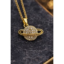Meneva Aksesuar Zirkon Taşlı Satürn Gezegen Tasarım Gold Kadın Çelik Kolye