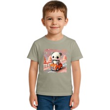 Sedirli Unisex Ayıcık Panda Baskılı Çocuk Tişört Pamuklu Penye Kumaş