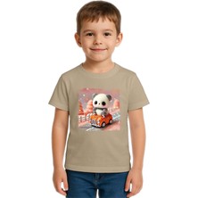Sedirli Unisex Ayıcık Panda Baskılı Çocuk Tişört Pamuklu Penye Kumaş