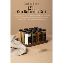 Ahşap Standlı 12'li Cam Baharatlık Seti, Siyah Kapak ve Etiketli