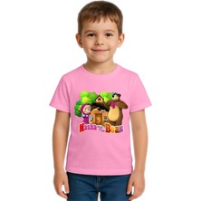 Sedirli Unisex Maşa Koca Ayı Baskılı Çocuk Tişört Pamuklu Penye Kumaş