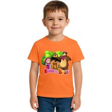 Sedirli Unisex Maşa Koca Ayı Baskılı Çocuk Tişört Pamuklu Penye Kumaş