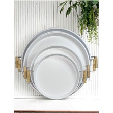 Beyaz Ahşap Kulplu Metal 4'lü Yuvarlak Tepsi Seti, Kahvaltı Için Şık Tasarım