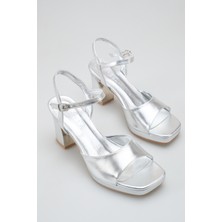 Rella Gümüş Platform Kalın Topuk Kadın Sandalet - Bilekten Tokalı Şık Abiye Düğün Ayakkabısı