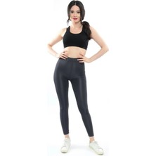 Niks Kadın Siyah Geniş Kemerli Toparlayıcı Yüksek Bel Parlak Disko Tayt