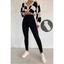 Hüma Collection Kadın Siyah Yüksek Bel Full Likrali Toparlayıcı Tayt -Çorap Hediyeli